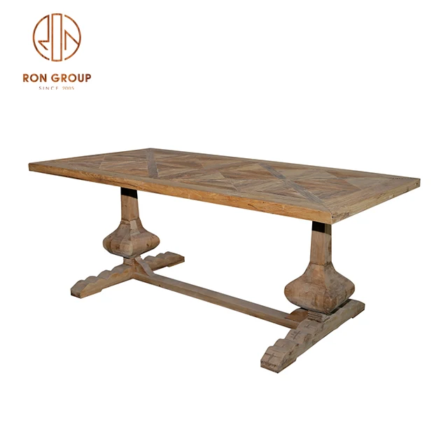 Hot Selling French Retro Cafe Shop Dining Room Restaurant Furniture 6 8 Seats American Oak Vintage Rectangular Solid Wood Table