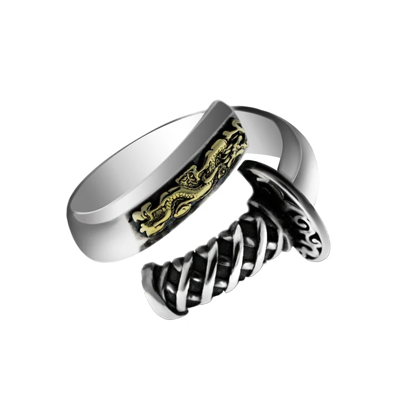 Unique Design Cool 925 Sterling Silver Brass Retro Sabre Solider Knife Open Ring Weapon Jewelry for Men Daily Wear Party  Gift