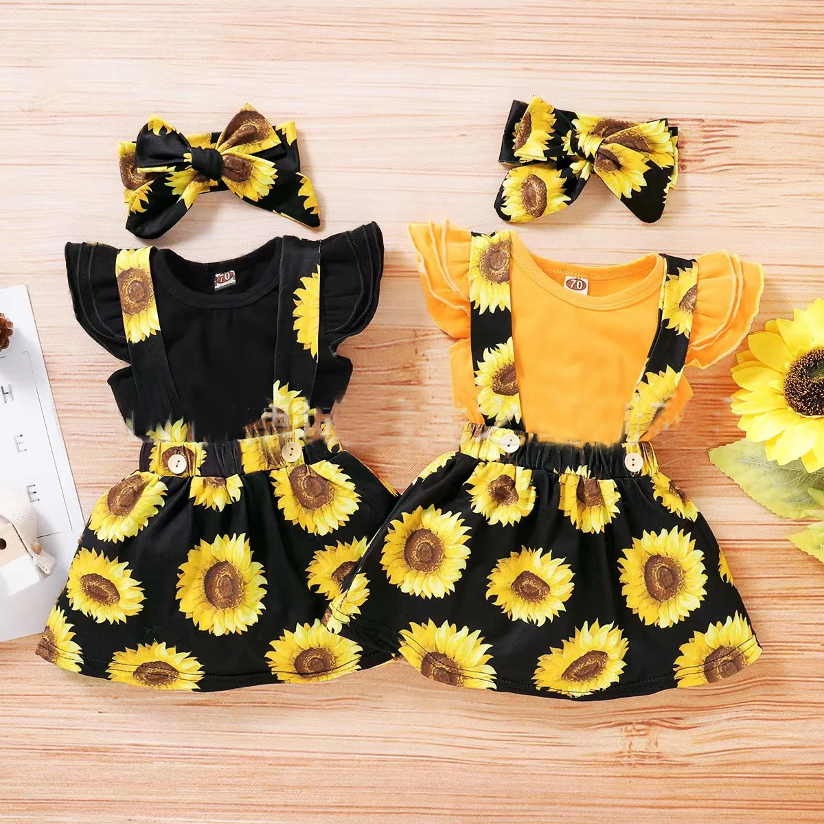 Ins Chiffon Bow Suit Sunflower Head Flower Baby Back Dress Two-Piece Wholesale