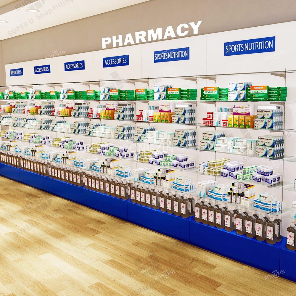 Wooden Pharmacy Shelves Shop Interior Display Racks Furniture Medical Retail Store Counter Cabinet Design For Drugstore