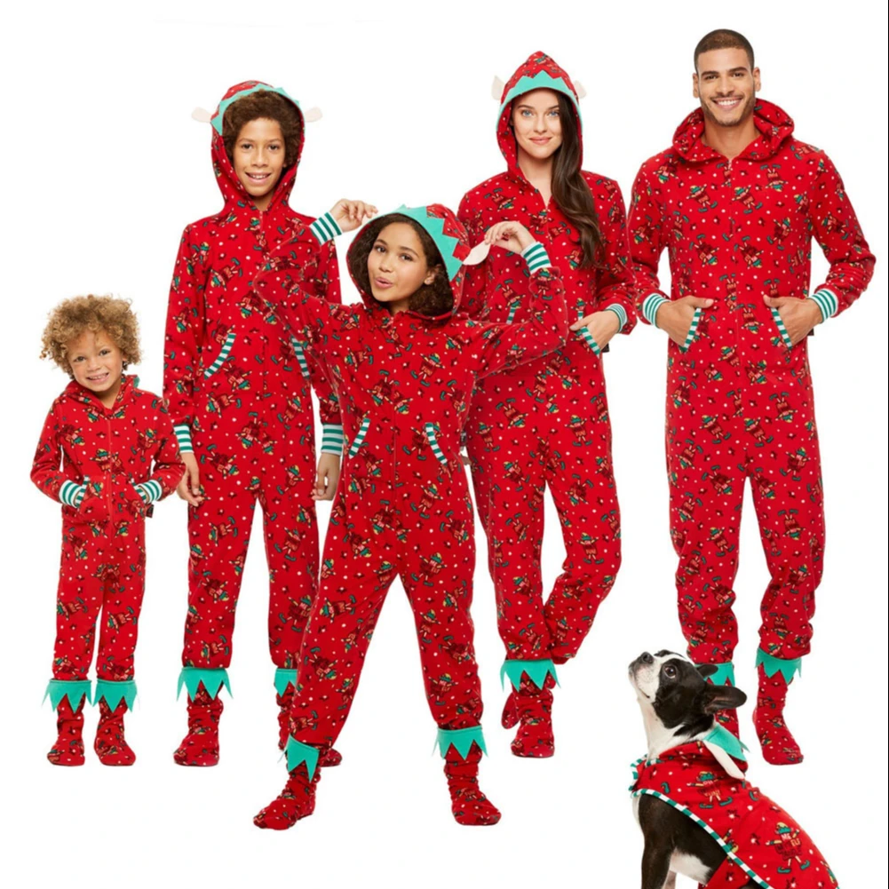 Детская одежда, семейная одежда, сочетающиеся рождественские пижамы, комбинезон, комбинезон с красным принтом, Рождественская одежда для сна, наряды на молнии с капюшоном