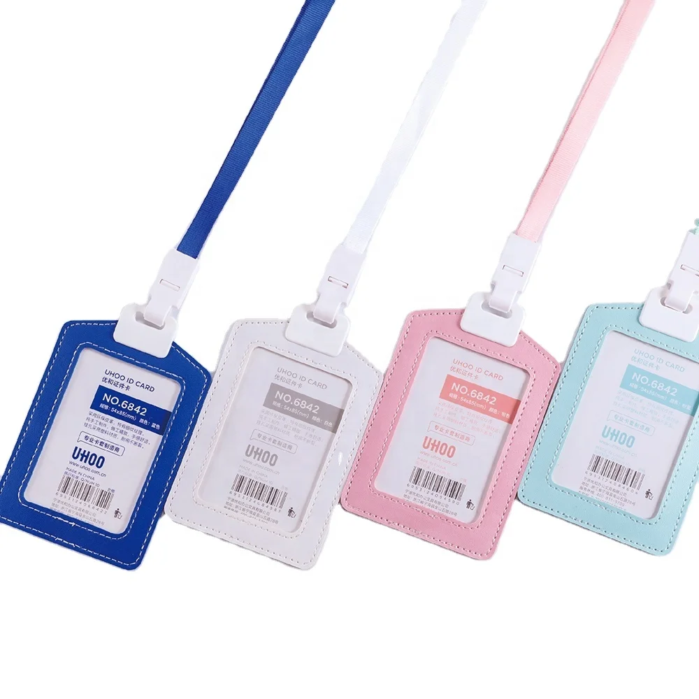 UHOO Eco-friendly Vertical Leather ID Card Holder With Durable Plastic Hanging Hole Multi Candy Color Bank Clerk Badge For Nurse