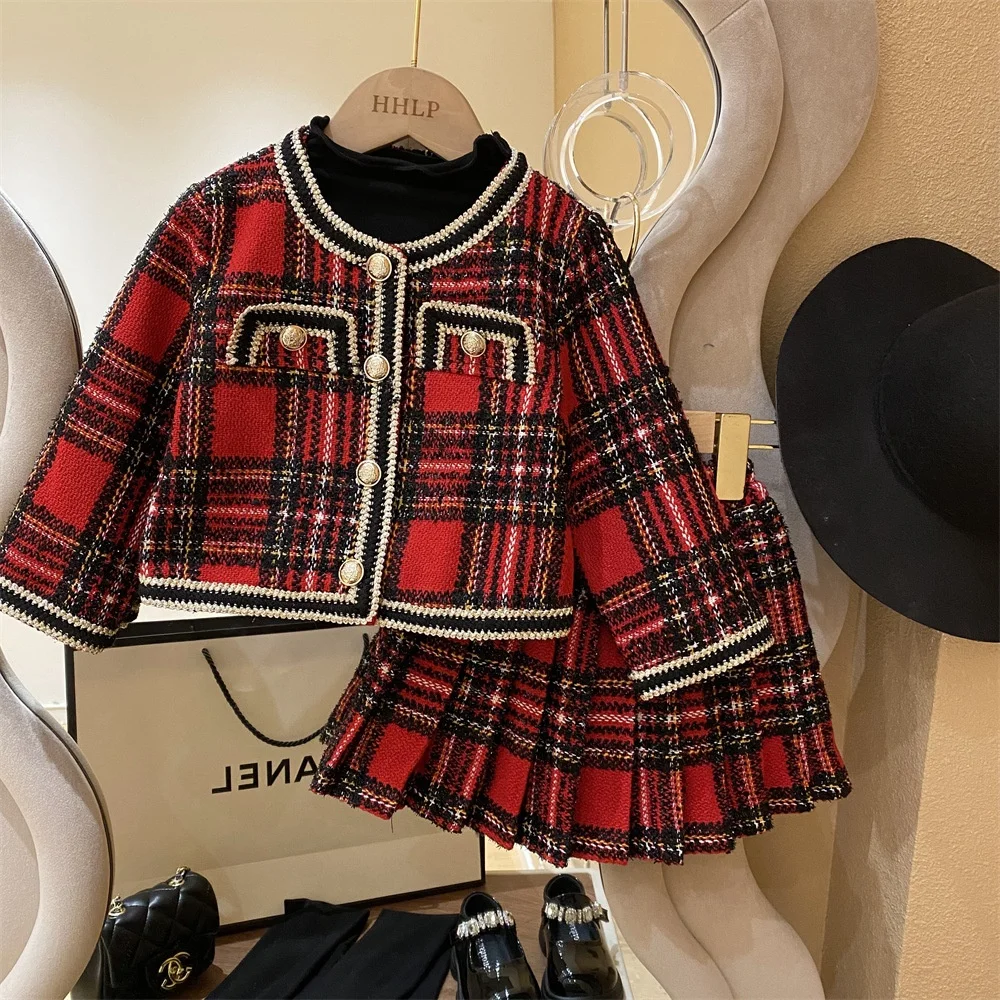 2023 Hot Sale Toddler Kids Wear Sets Plaid Long Sleeve Single Breasted Cardigan Pleated Skirt Two Piece Autumn Girls Clothing