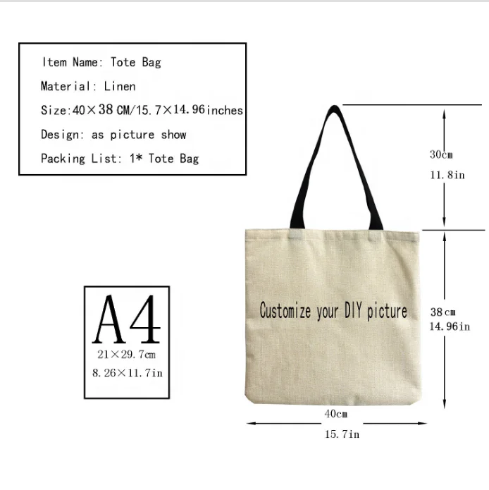 KY Customized Cute Cat Printing Women Handbag Linen Totes with Print Logo Casual Traveling Beach Bags