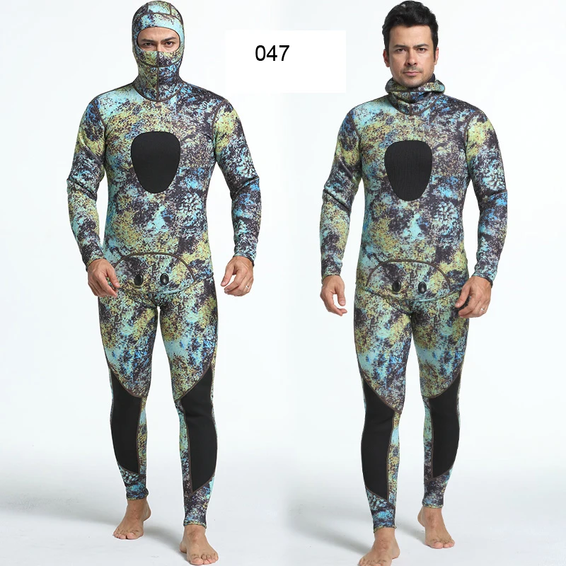 Mens 3mm CR Neoprene Camo Printed Two-Pieces Closed Cell Zipless Warm Diving Surfing Spearfishing Hoodie Wetsuits