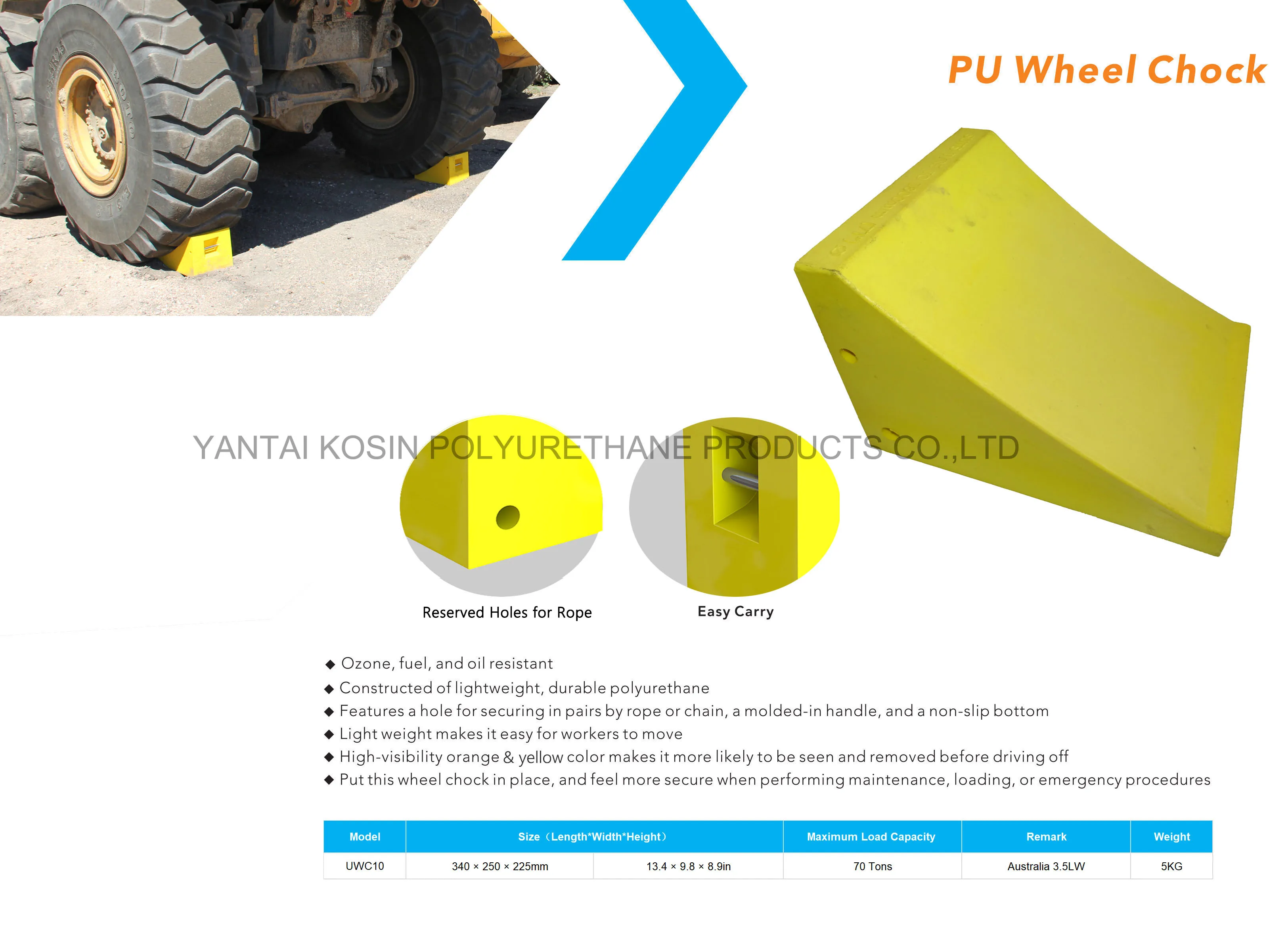 Lightweight Polyurethane Safety Wheel Chock  Stopper Yellow UWC10 Australia Size 3.5LW