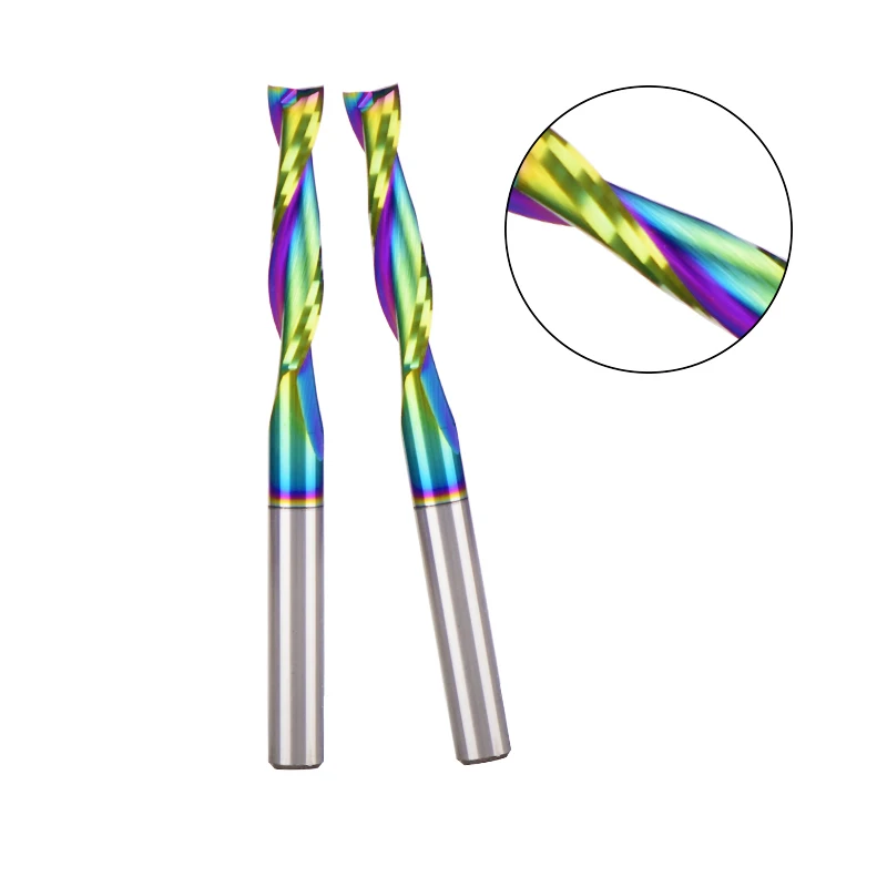 China Factory CNC Router Bit Two Flutes Spiral End Mill Cutters Up Cut Down Cut Milling Cutter with DLC Rainbow Coating