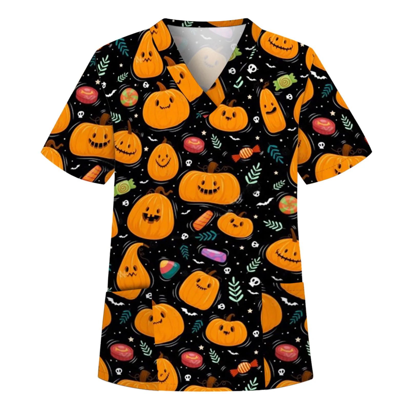 Cartoon Medical Uniforms Halloween Scrub Uniform Women Hospital Scrubs Top V Neck Nursing Shirt Short Dental Clinic Uniforms