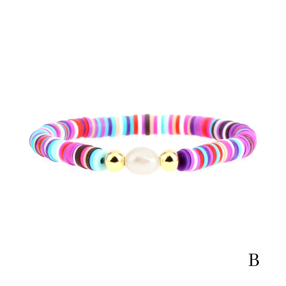 Fashion Beach Surfing Polymer Clay Rainbow Elastic Boho Quality Jewelry Beaded Woman Pearl Bracelet