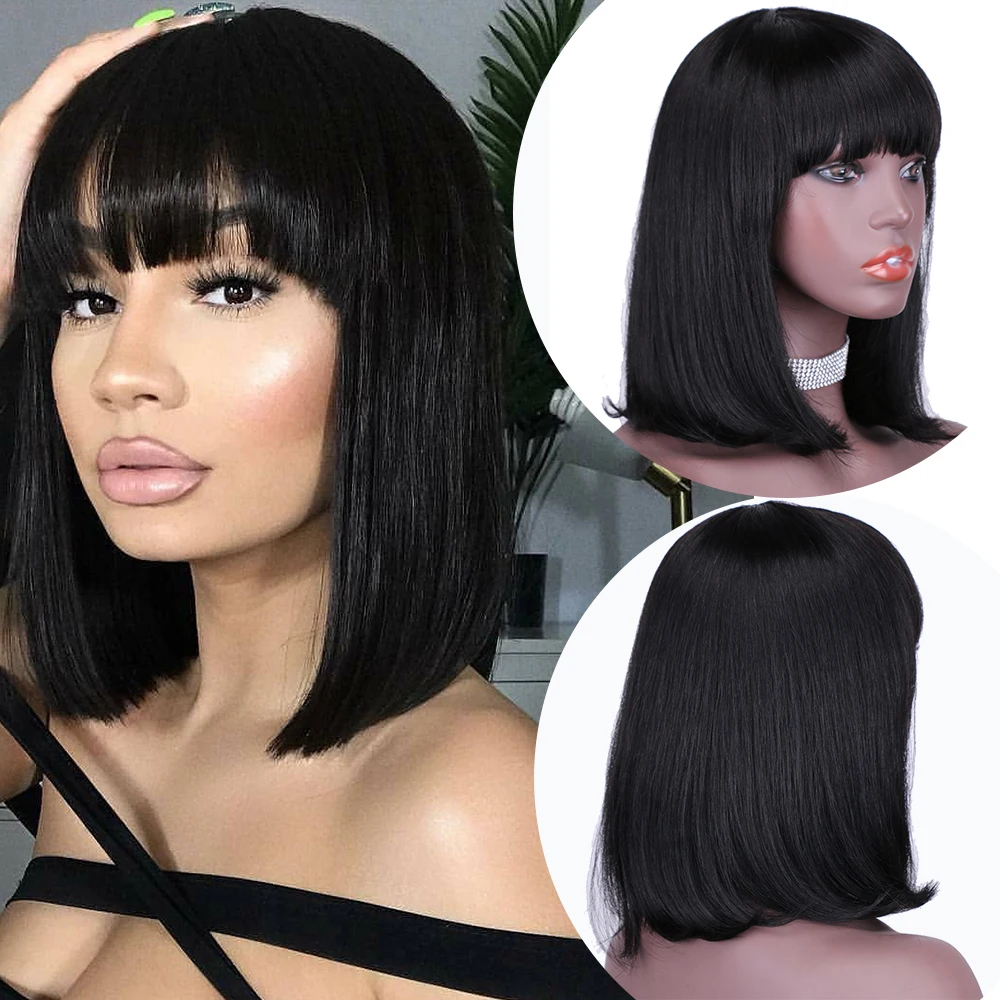 Natural black Short Human Hair Wig with bangs Fringe for Women Straight Remy Hair Bob Wigs With Bangs