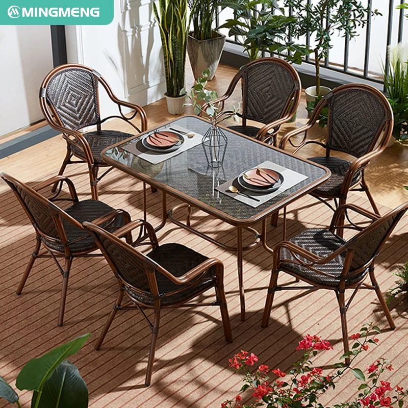 Modern French Dining Rattan Furniture Outdoor Garden Cafe Table and Chair Set for Park Hotel
