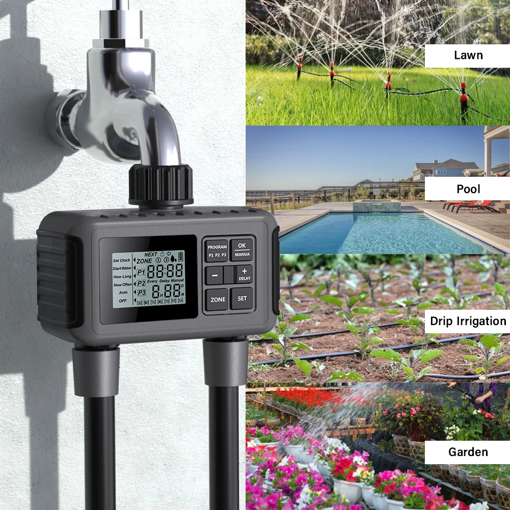 2 Outlet Sprinkler Timer Programmable Water Timer with Rain Delay/Manual/Automatic Irrigation System for Lawns, Yard and Pool