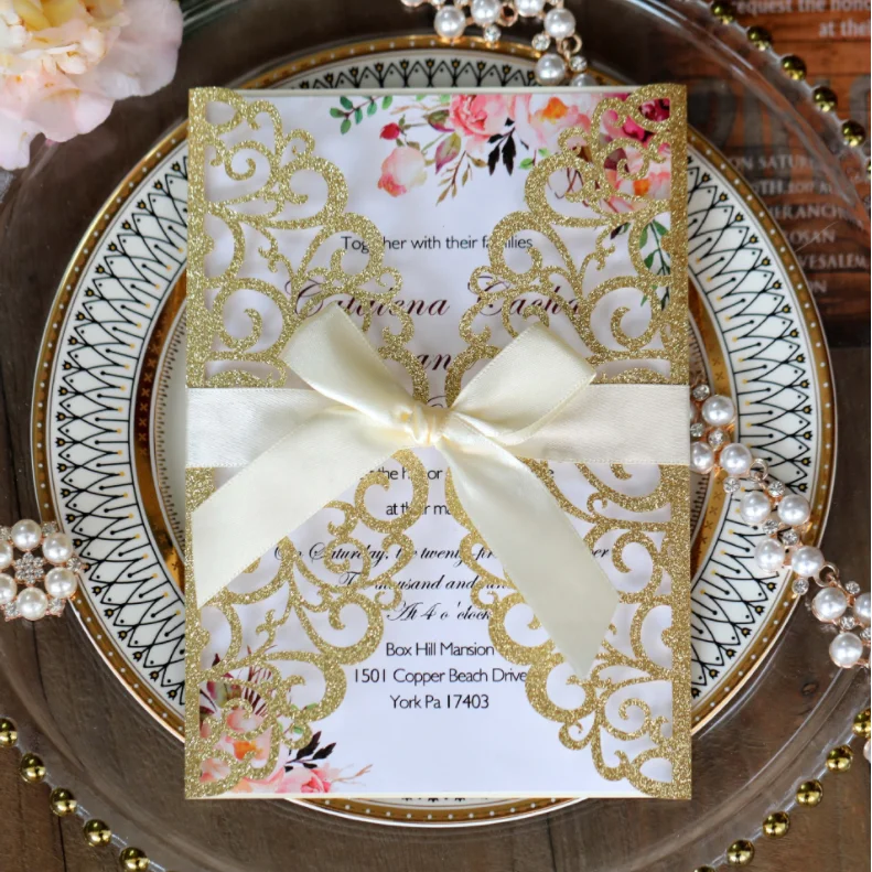 DIY handmade bow glitter gift wedding invitation cover Custom greeting card