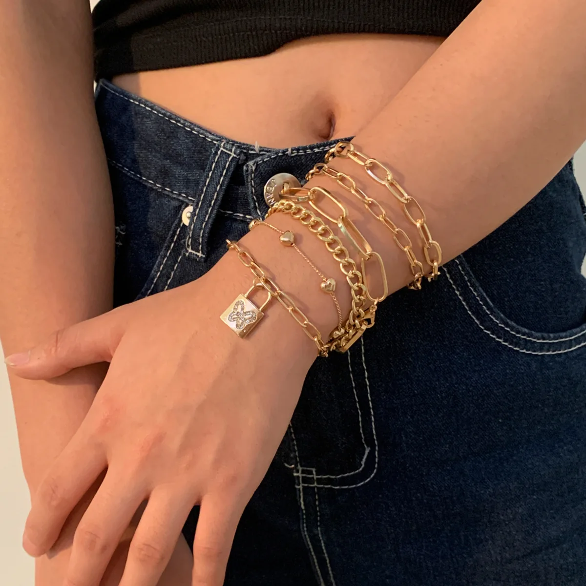  Golden Lucky Multilayer Handmade Peach Heart Cross Chain Inlaid With Diamond Butterfly Lock Bracelet Set