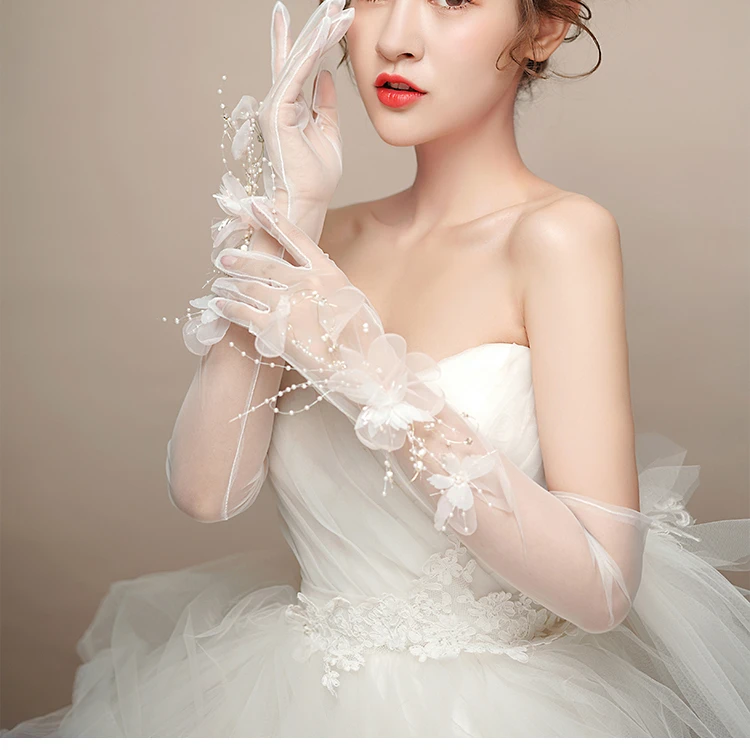 Feishiluo Luxury 3D Diamond Bead Bridal Gloves Wedding Party  Long Flower Bow Lace Gloves
