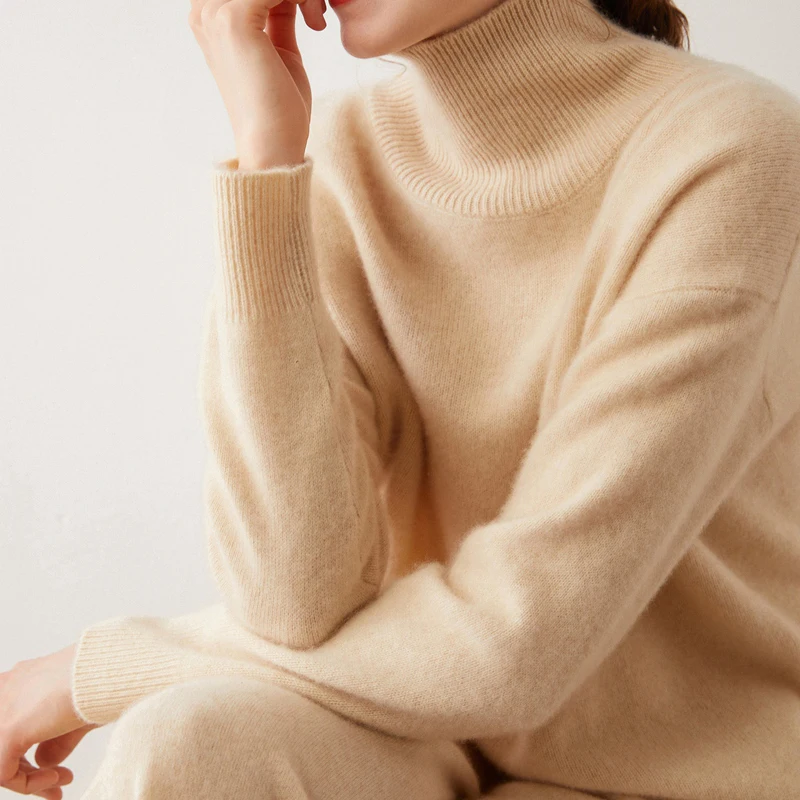 Mongolia Knitting Manufacturer Casual Turtleneck Chunky Knitted Wholesale Cashmere Wool Sweater Women