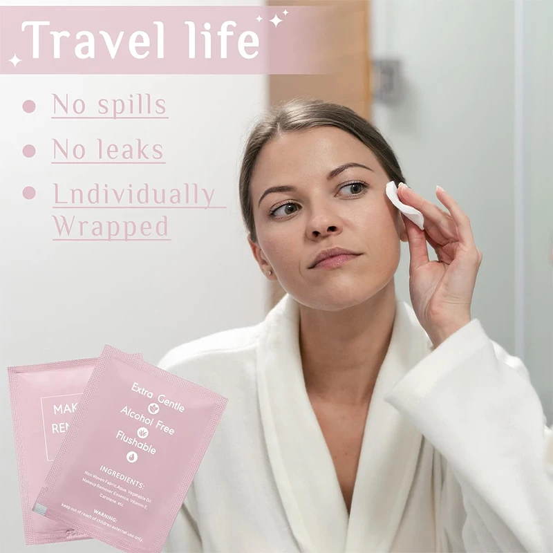 Pocket Size Pink Disposable Dissolves Heavy Makeup Remover Cleansing Face Wipes Individually Wrapped