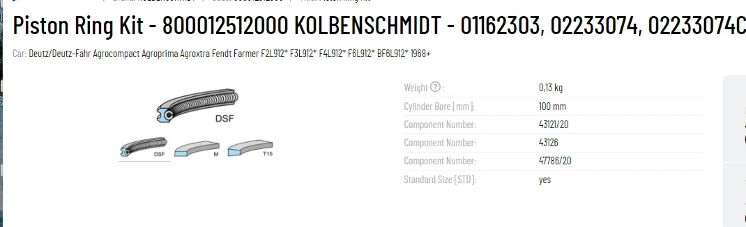 Оригинальный комплект поршневых колец KS 800012512000 01162303 02233074 02233074C использование в DEUTZ-FAHR Крамер