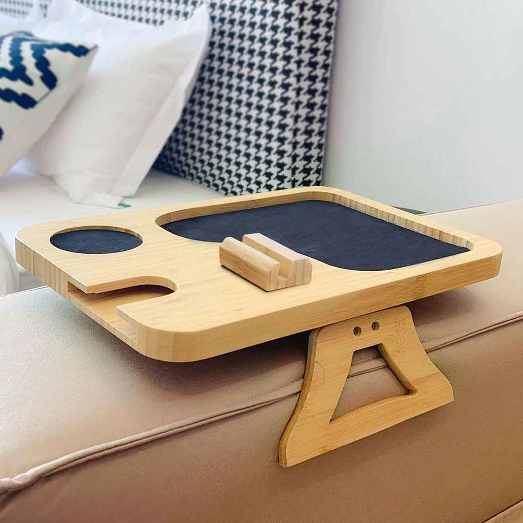 Multi-style Couch Tray Table with Phone Holder Wooden Couch Eating and Drink Portable Stable Bamboo Sofa Arm Tray Table