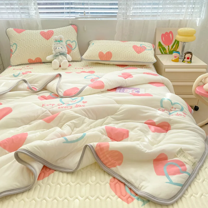 Wholesale summer cool silk washable print pattern bed mattress latex mat summer quilt bed sheet and pillowcase set