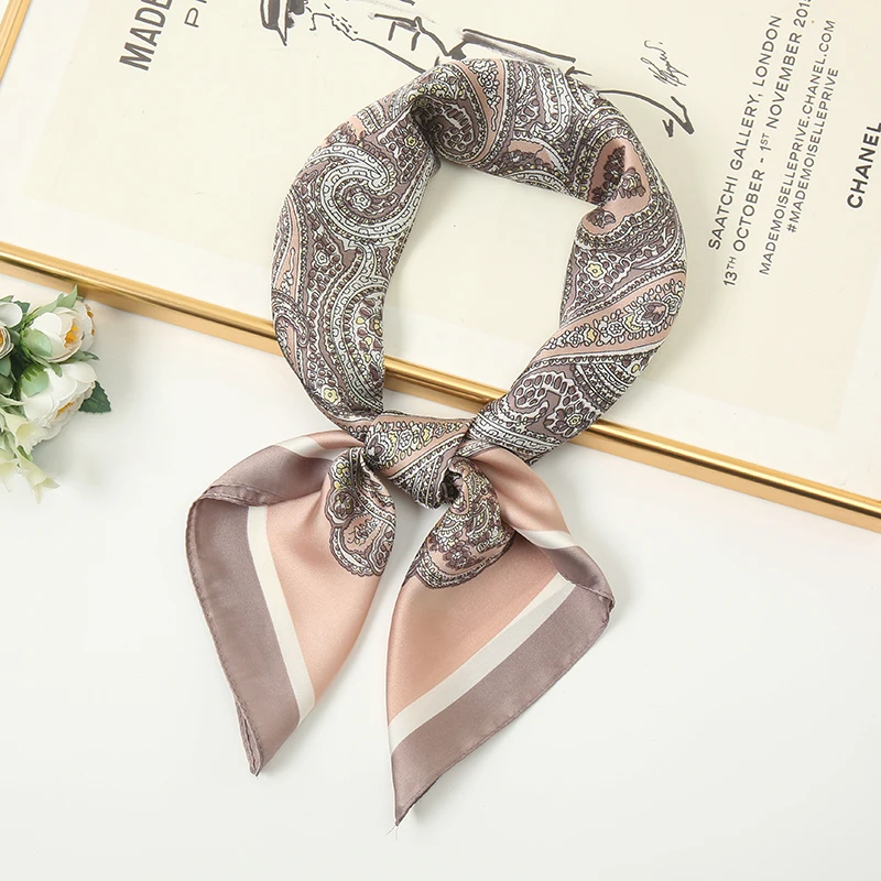 Fashion 70*70cm Muslim Hairband Handkerchief Square Printed Hijab Bandana Cashew Satin Silk Scarf For Woman