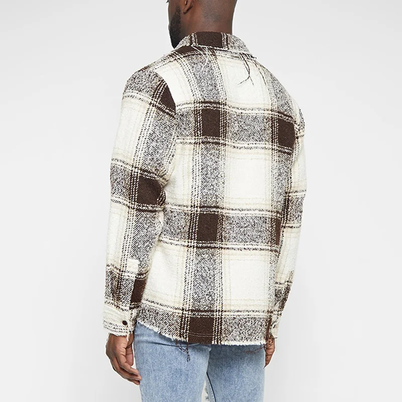 Custom Wholesale Beige Distressed Textured Check Flannel Shirts