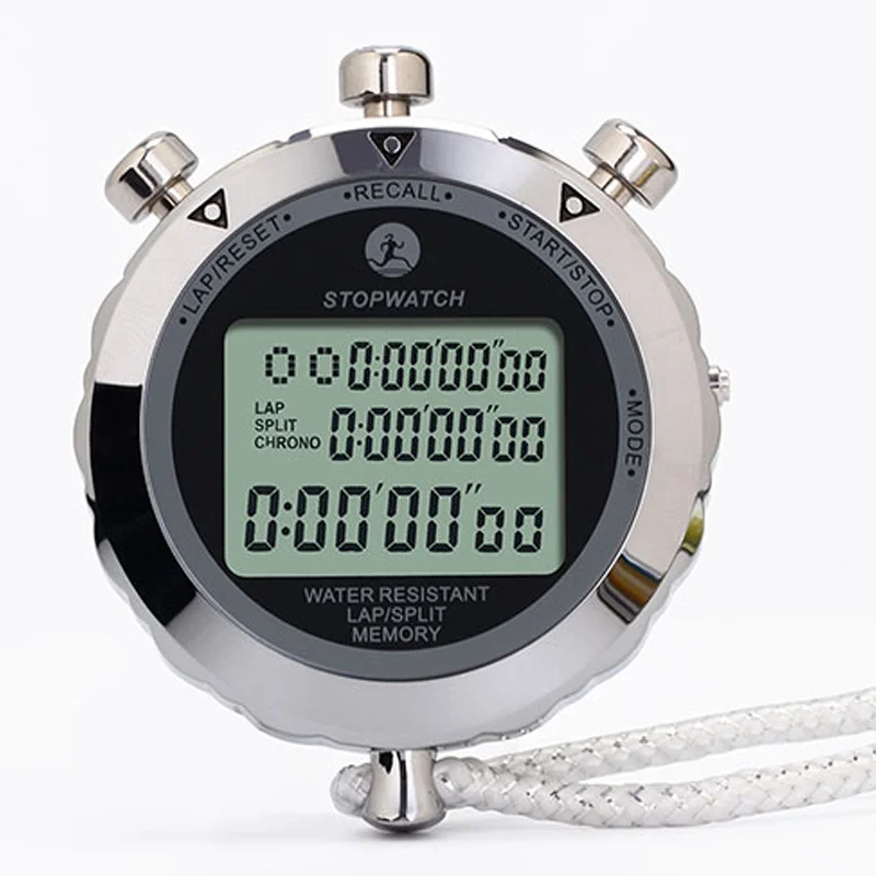 Digital Metal Multifunctional Stopawtch Water Resistant 30 Memory Lap Split Time 1/100 Second Handheld Led Display Timer