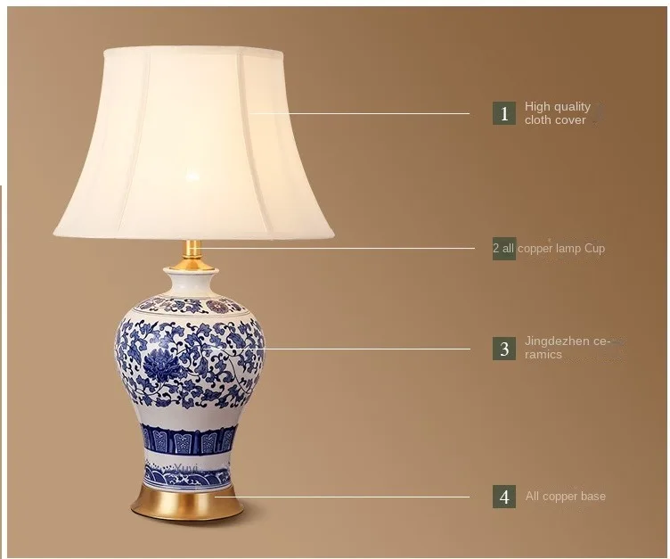 Hot Sale Chinese Hand Made Blue And White Ceramic Table Lamp With Copper Base