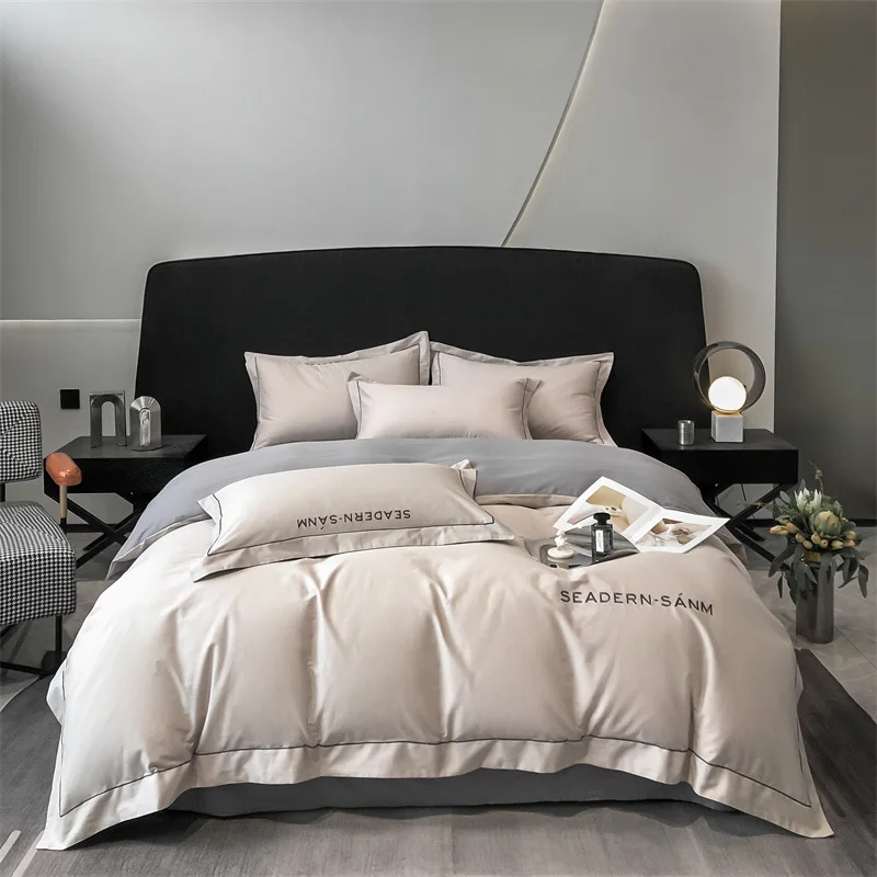 Plain cotton four pieces set exquisite embroidery AB face  matching quilt cover simple Bedding Set for bedroom