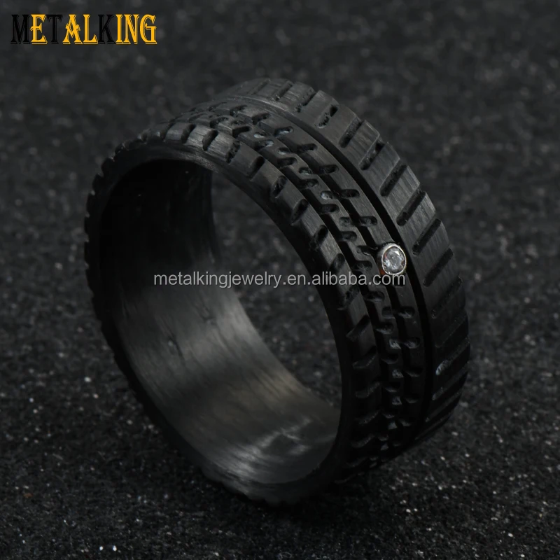 10mm Truck Tire Pattern and A Cubic Zirconia Inlay Black Carbon Fiber Wedding Band Ring for Men
