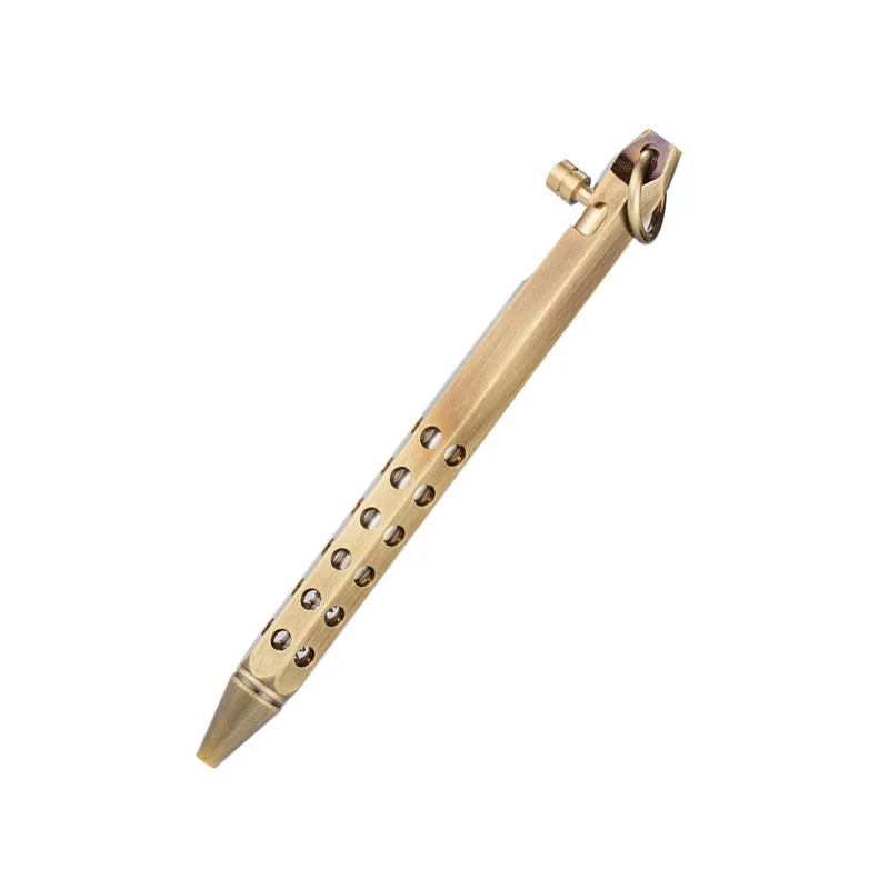 2023 Vintage solid brass hexagonal shaped bolt action ballpen bronze brushed treatment holes EDC pocket Metal Pens for gifts