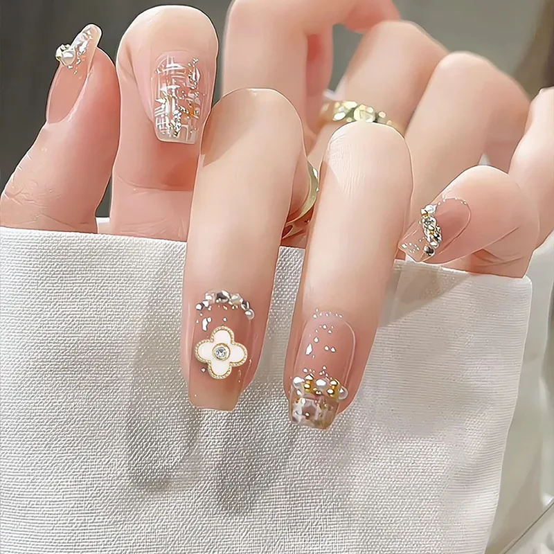 3D Lucky Clover Nail Decals Zircon Rhinestone Luxury Flour Leaf Flower Nail Art Charms