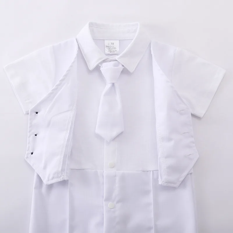 2022 Summer Infant Clothes Formal Gentleman Baptism Party Short Sleeve Lapel Pure White Newborn Boys Romper Baby Wear