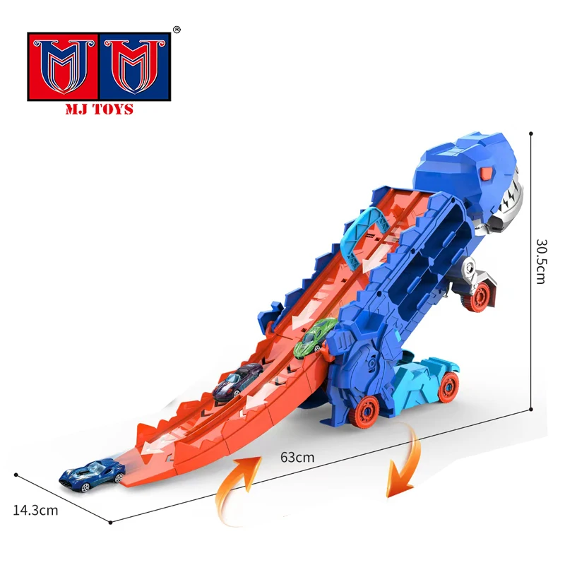 2-In-1 Folding Kids Plastic Transformation With 2 Die-Cast Car Storage Vehicle Toy Devouring Dinosaur Race Track Car Set Toys