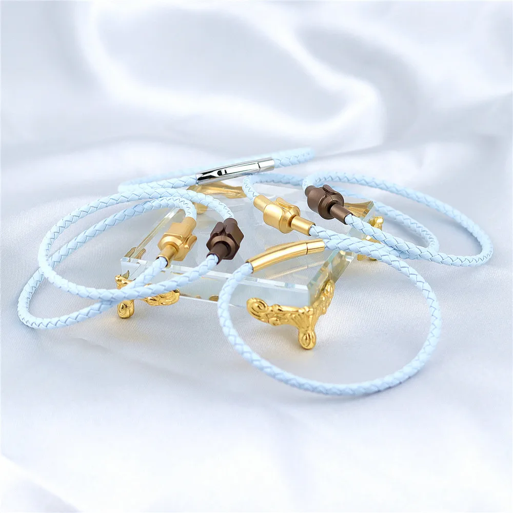 Fashion stainless steel magnetic clasp light blue genuine leather wrap bracelet pour homme femmes