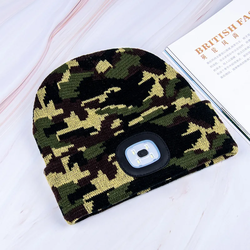 USB Rechargeable Led Lamp Wool Winter Hat Night Running Sports Lighting Acrylic Cold Beanie