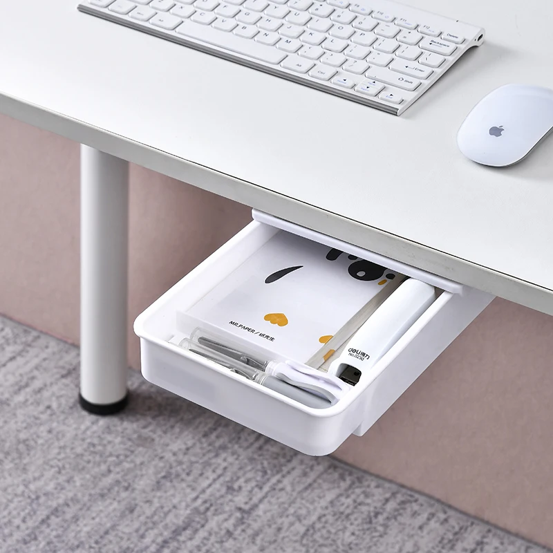 Office Hanging White Gray Space-Saving Item Organizer Self-Adhesive Under Desk Hidden Sliding Plastic Drawer