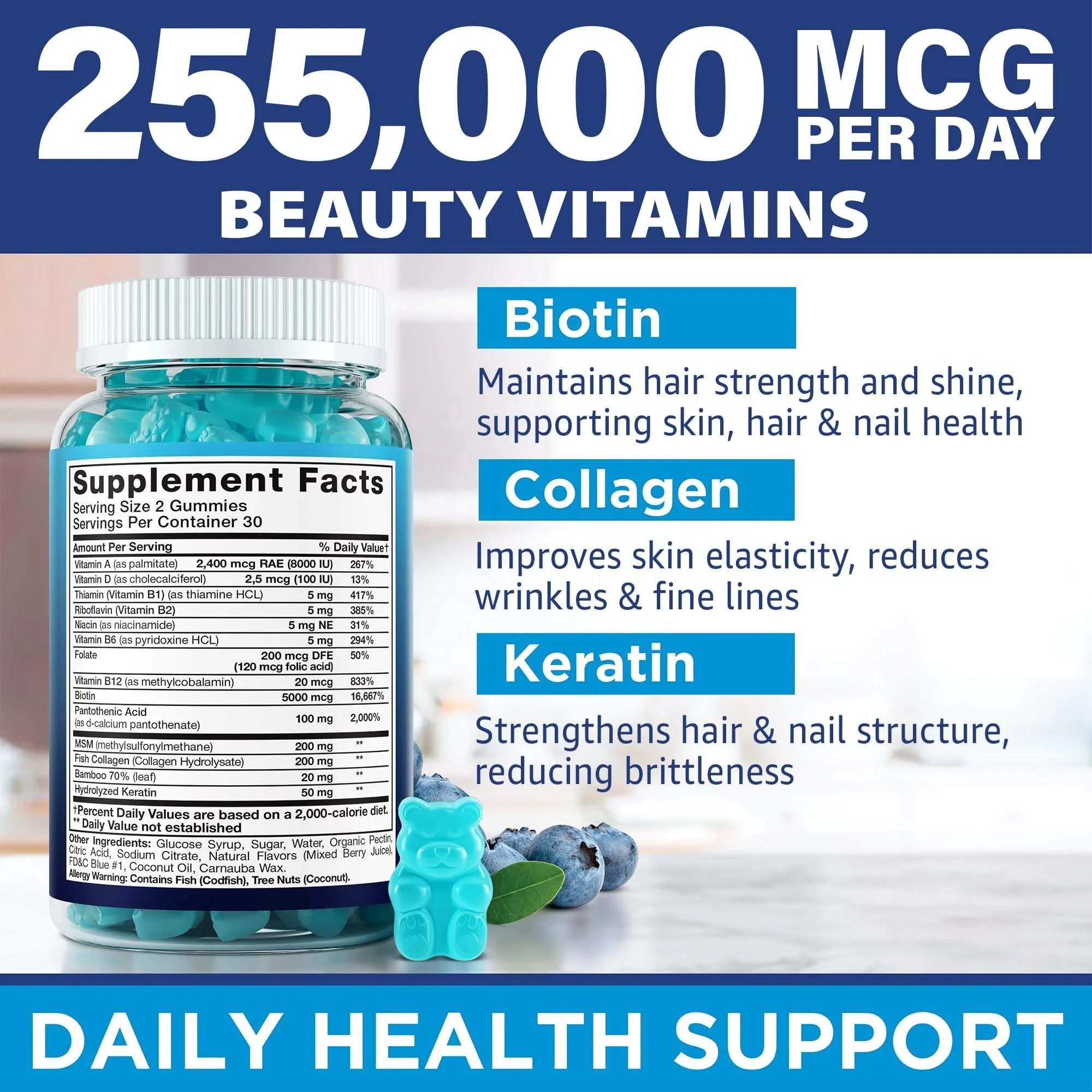 Low MOQ Private Label Biotin Hair Growth Gummies With Collagen Biotin Gummies Biotin & Collagen Peptides Gummies