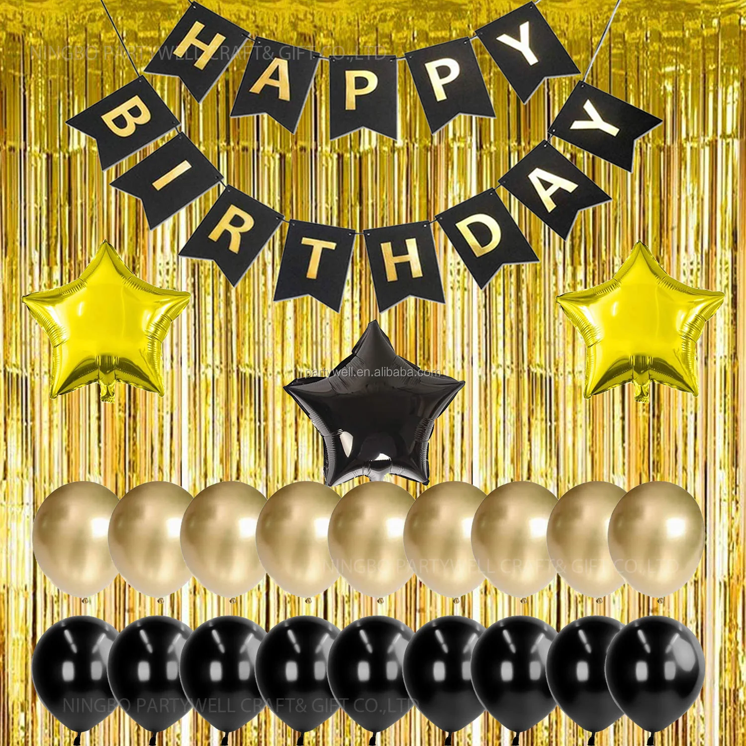 
Gold and Black Decoration Kit Gold Metallic Fringe Shiny Curtains Happy Birthday Banner with Latex Star Foil Balloons 