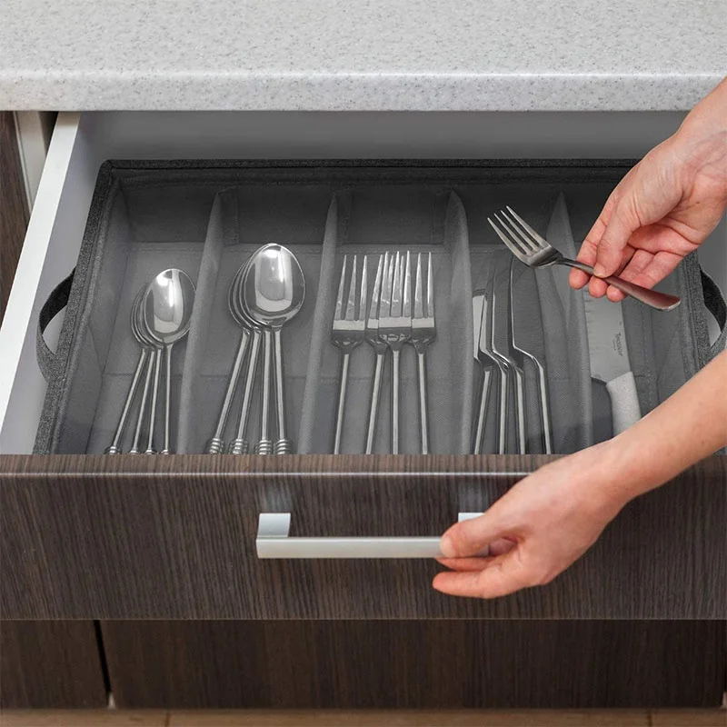 Flatware Storage Chest with Clear Lid, Great Fabric Container Box for Organizing Utensils, Silverware, Flatware, Large Capacity