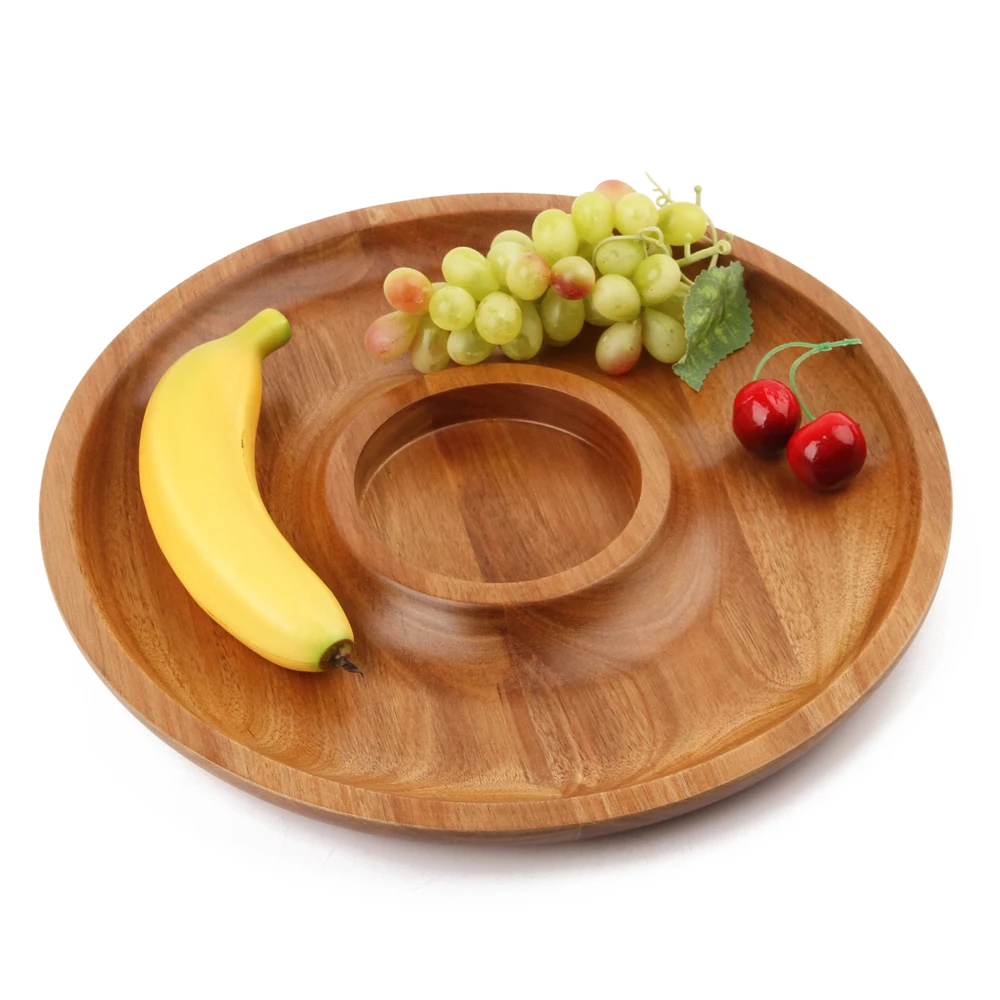 XH Wooden Chip and Dip Bowl Decorative Bamboo Wooden Dessert Fruit Salad Bowl Plates Dinnerware