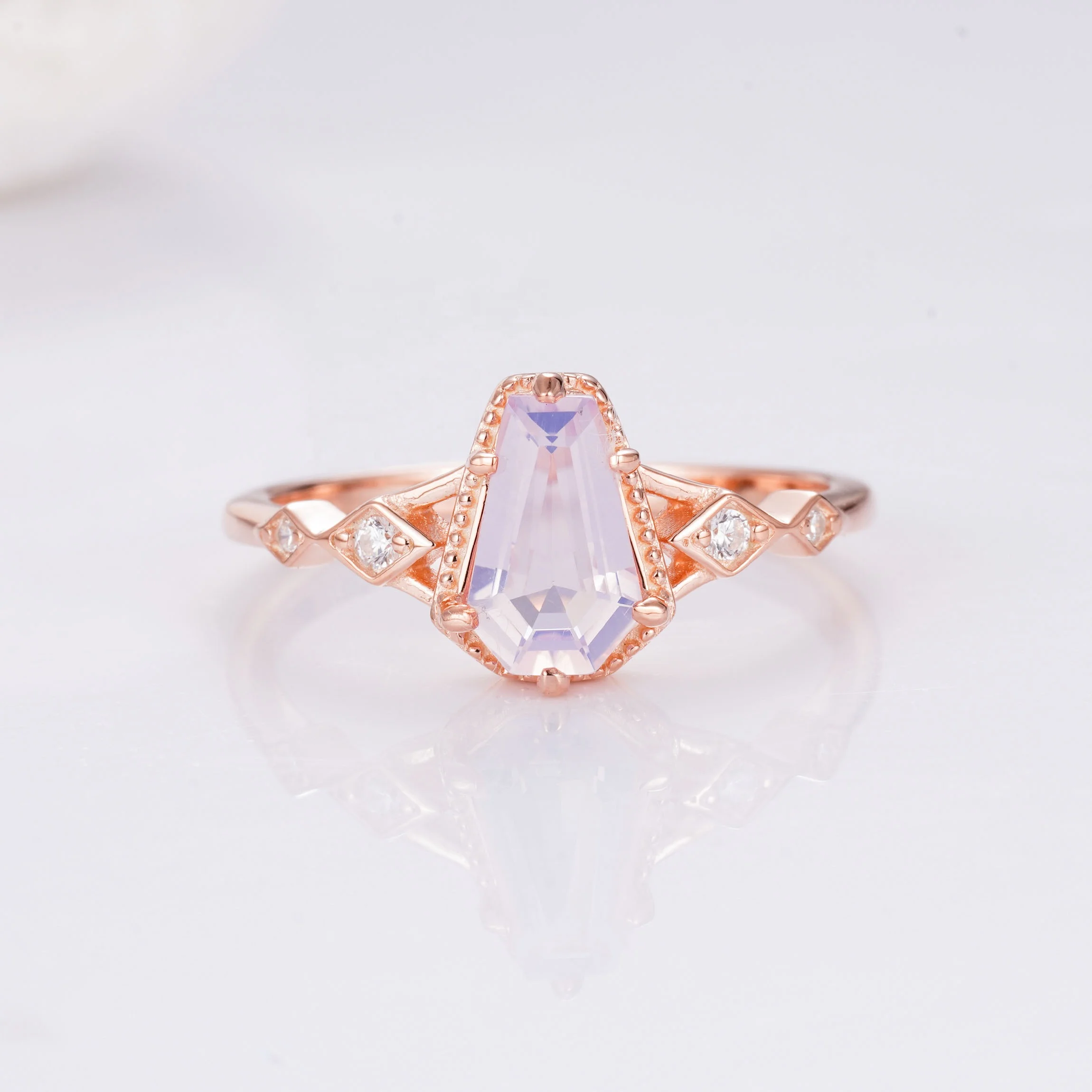925 Sterling Silver Natural Lavender Quartz Jewelry Rose Gold Plating Coffin Cut Natural Lavender Quartz Fancy Ring For Girl