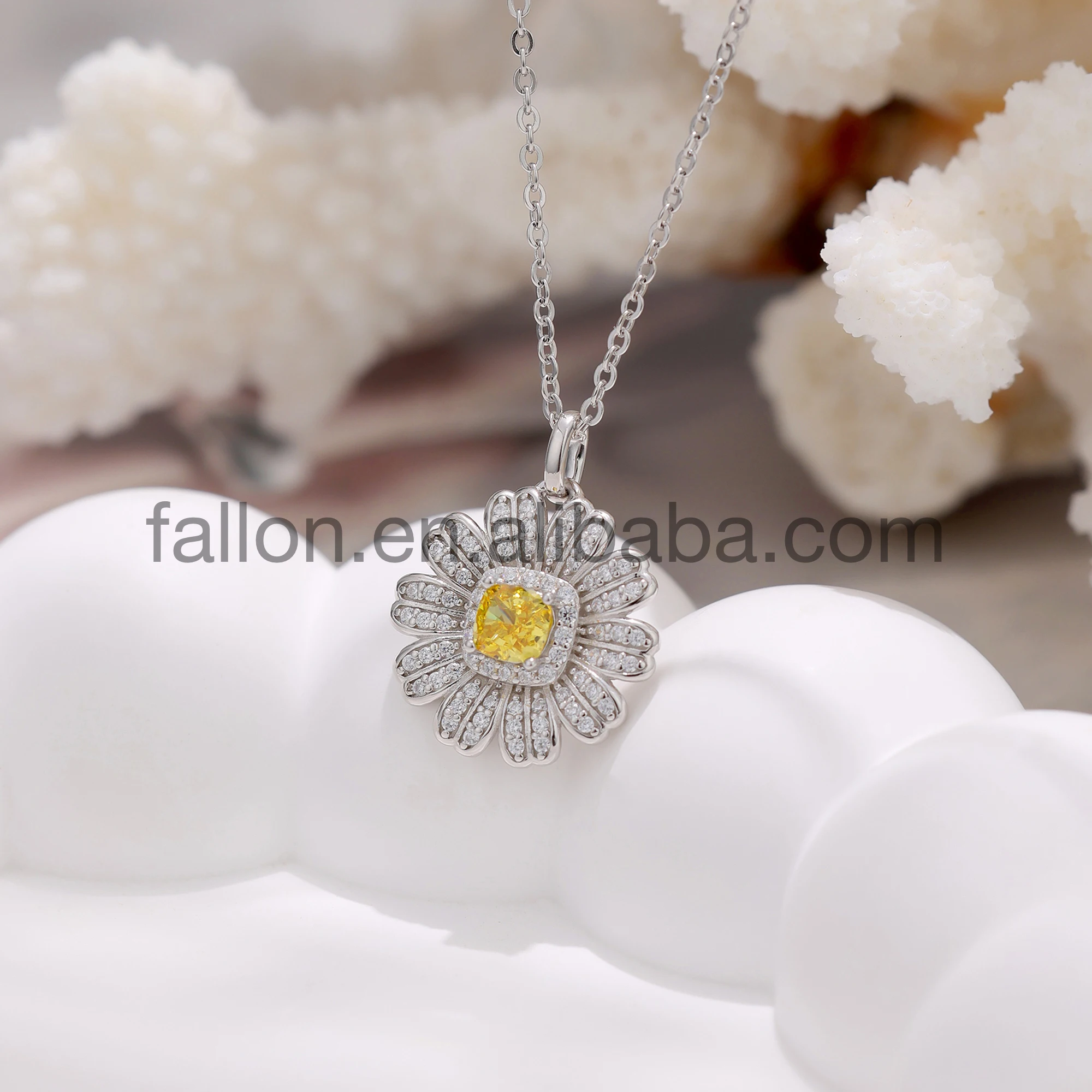 S925 5A+ CZ Stone Original Design Yellow Special cutting Zircon Daisy-Shaped White Gold Plated Sterling Silver Pendant Necklace