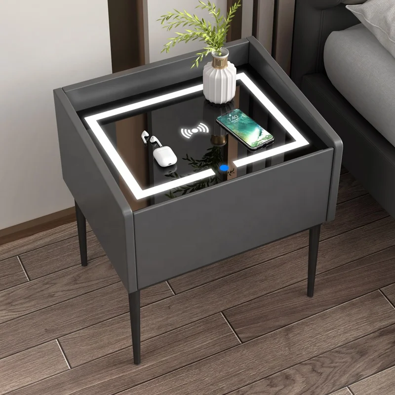 Bedroom 3C tempered glass countertop LED energy-saving ring light smart bedside table with wireless charging