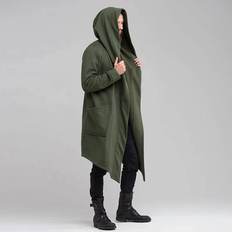 Mens Long Coats Fleece Hooded Cardigan Steampunk Cloak Hoodie Gothic Drape Cape Punk Jacket Autumn Clothes Frock Coat