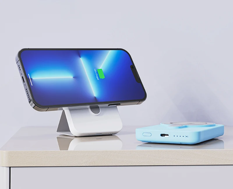 M1 2022 newest 5000mah 6500mah 10000 mAh desktop foldable  wireless Qi fast charge power bank with phone stand