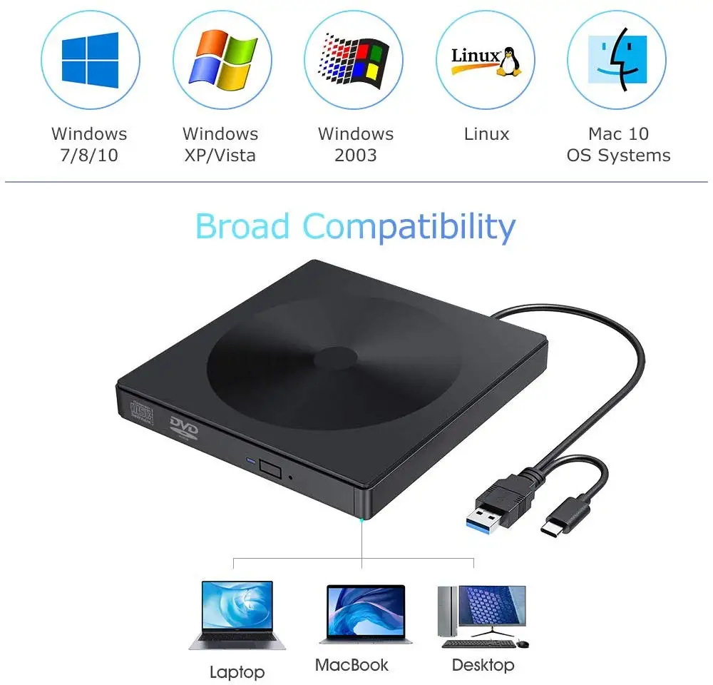  Портативный внешний привод Raycue для CD/DVD Type C USB 3