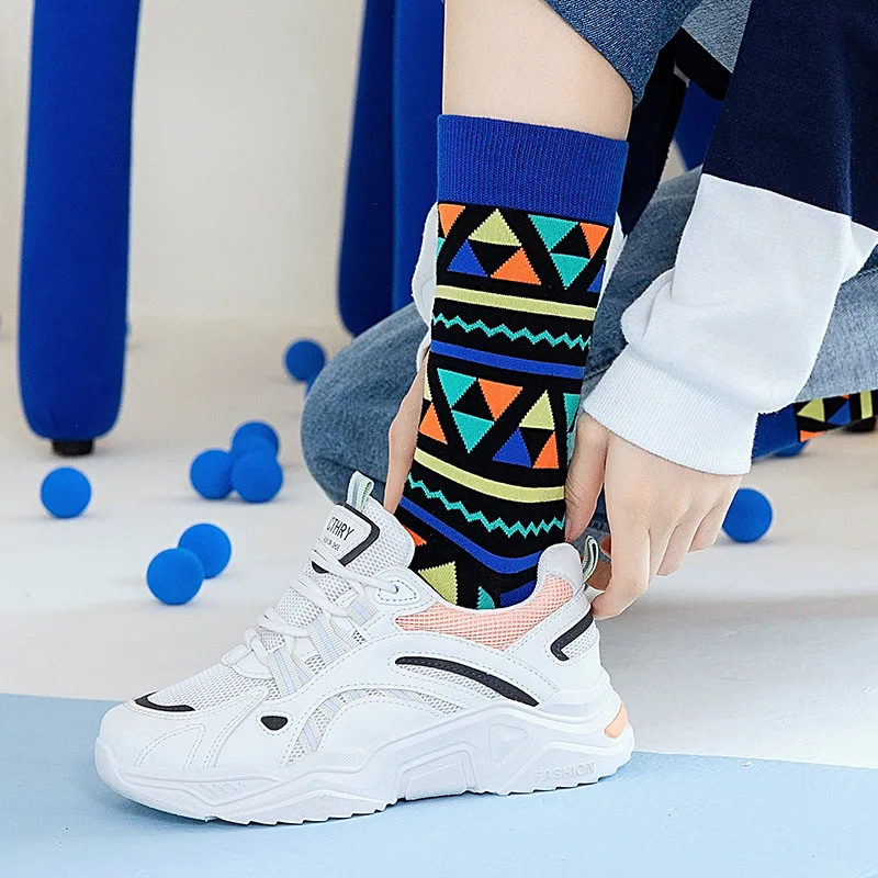 2022Custom Made Funny Pattern Sock Men Colorful Dress Crew Happy Socks Funky Designer Logo Man Geometry Cotton Men Novelty Socks