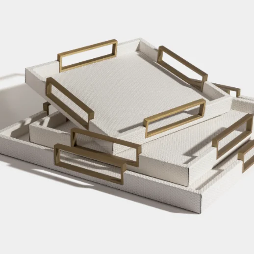 Hot selling design tray wood Modern Decor hotel customized rolling tray luxury leather Ecofriendly  gold serving display tray