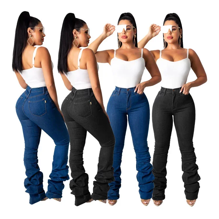2020 Casual Fashion Lady Long  Length Pencil Denim Pants High-Waisted  Women Stacked Jeans